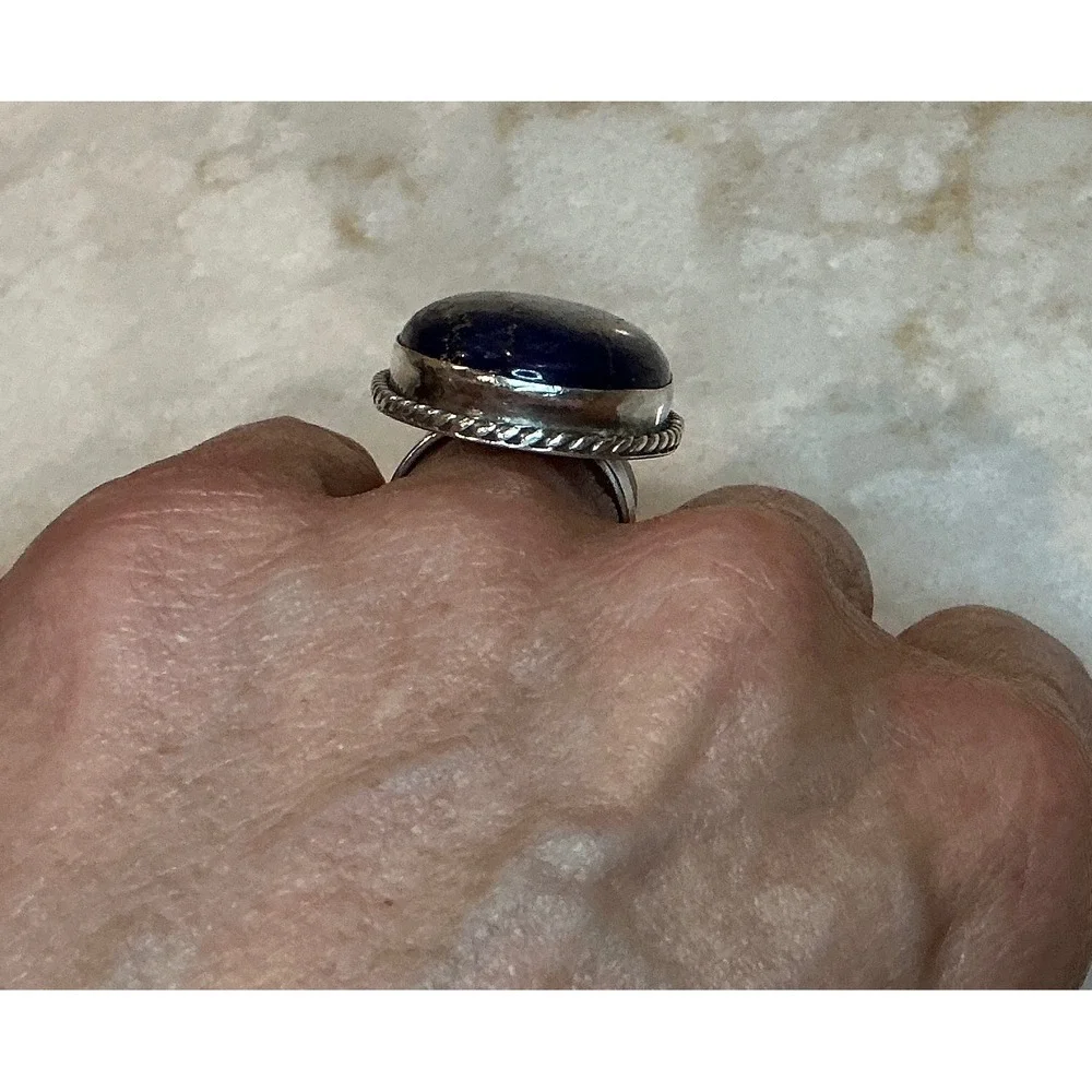 Sterling Silver 925 Lapis Lazuli Statement Ring Oval Rope Edge Band Size‎ 6.25
